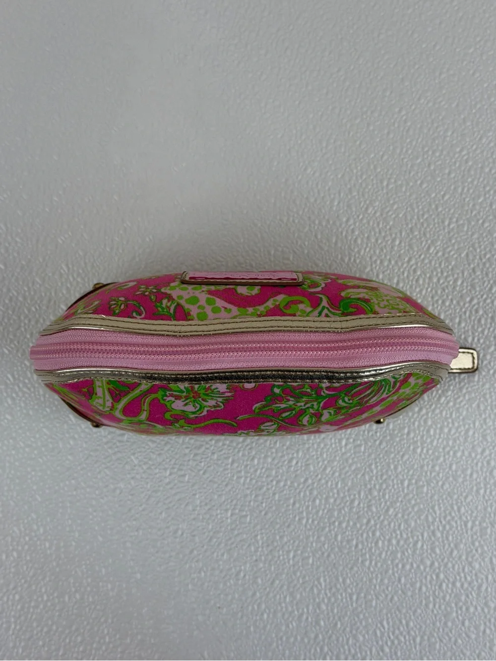 Lilly Pulitzer Pink Green Print Cosmetic Makeup Bag Zip Pouch Gold Tone Metallic